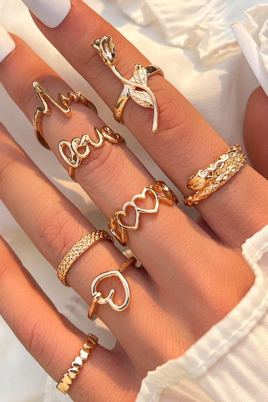 Gold 8pcs Love Letter Heart ECG Snake Rose Rings Set Jewelry JT's Designer Fashion