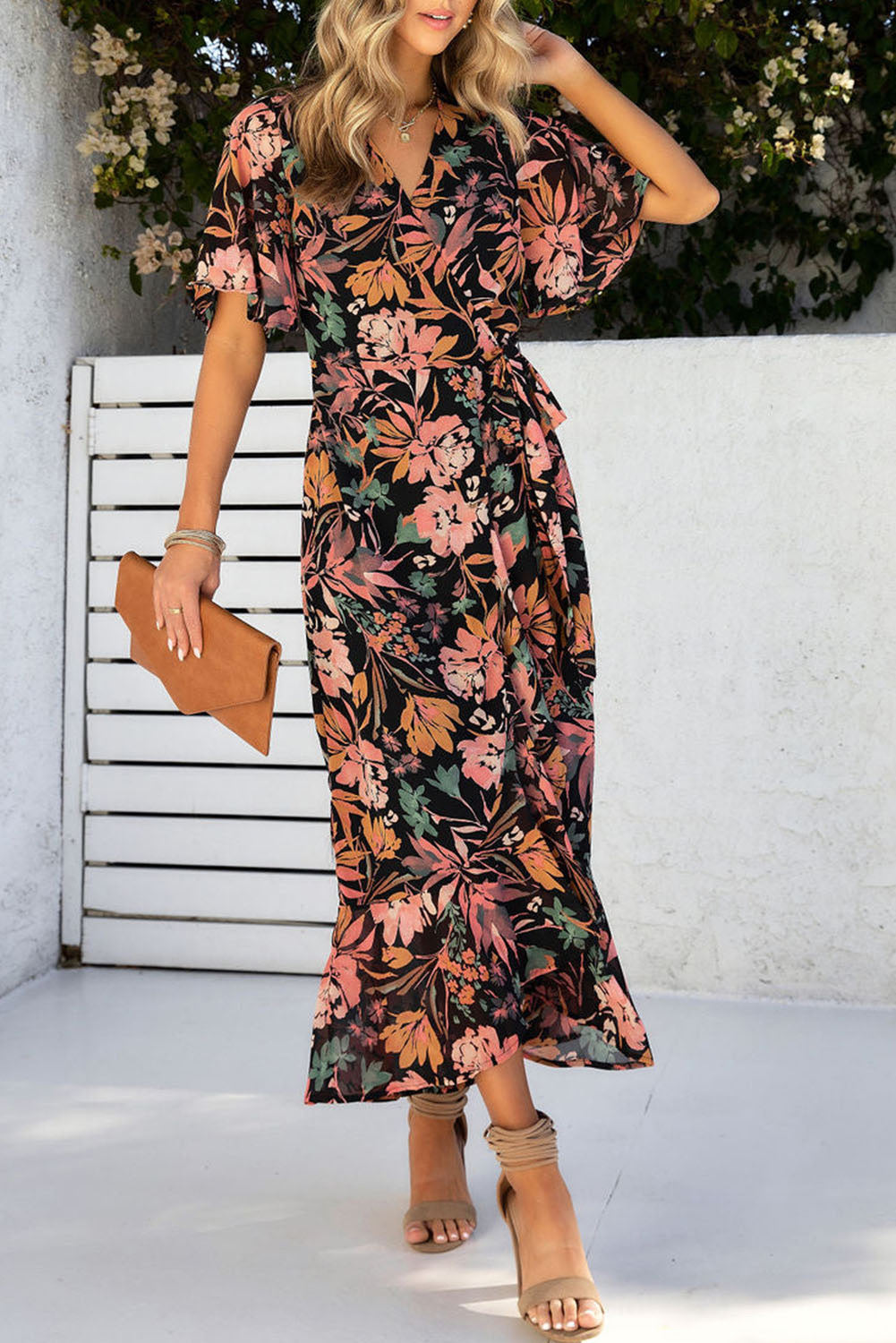 Black Floral Print Knotted Wrapped V Neck Maxi Dress Floral Dresses JT's Designer Fashion