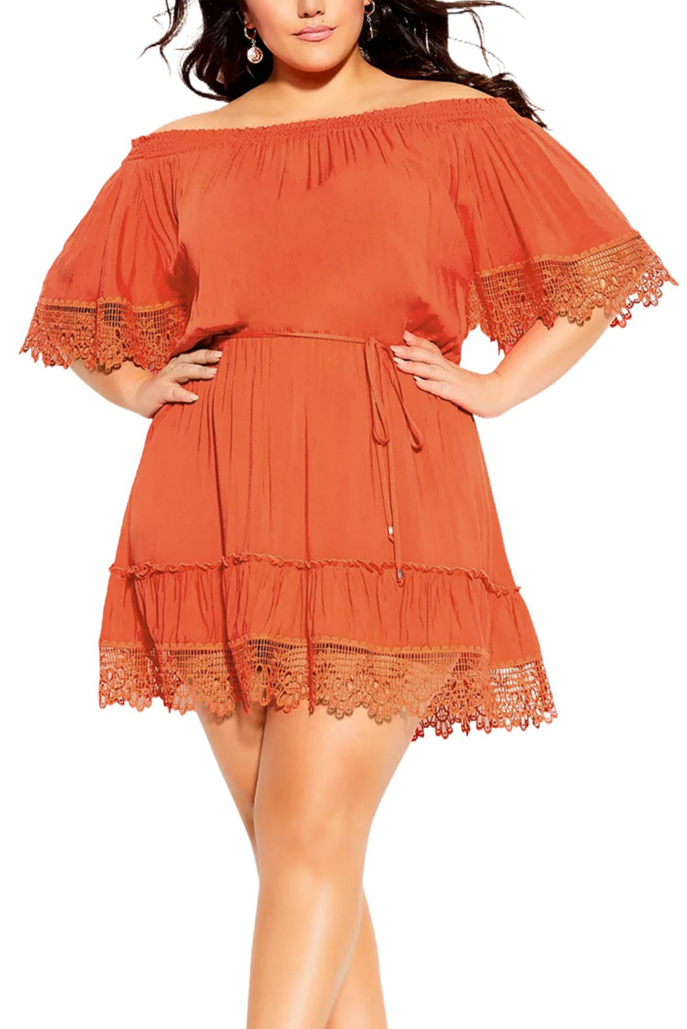 Red Plus Size Crochet Detail Belted Off Shoulder Dress Plus Size Dresses JT's Designer Fashion