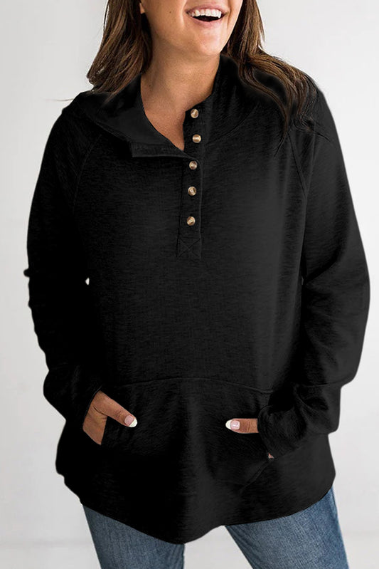 Black Plus Size Kangaroo Pocket Henley Button Hoodie Plus Size JT's Designer Fashion