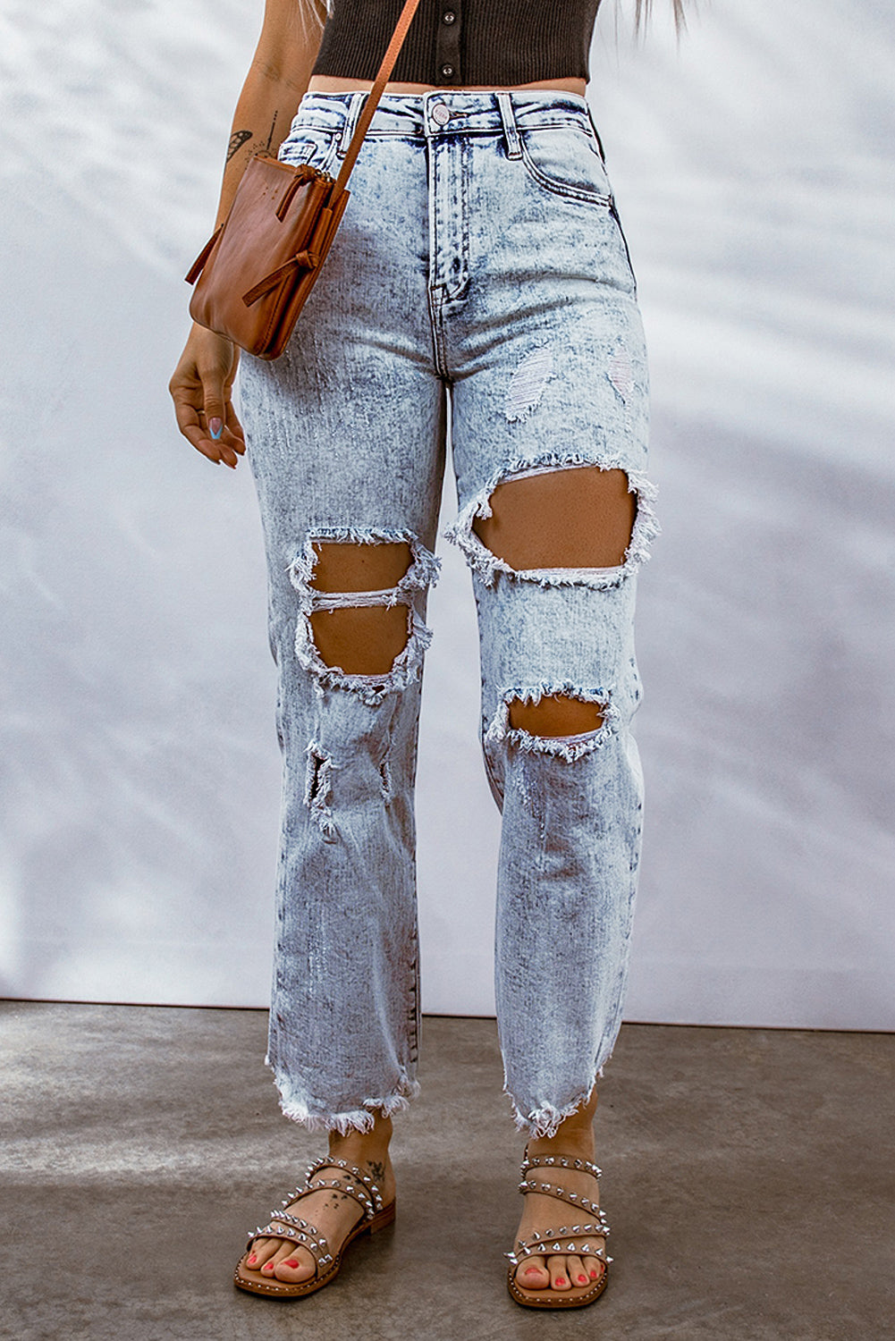 Sky Blue Hollow-out Light Washed Ripped Boyfriend Jeans Jeans JT's Designer Fashion