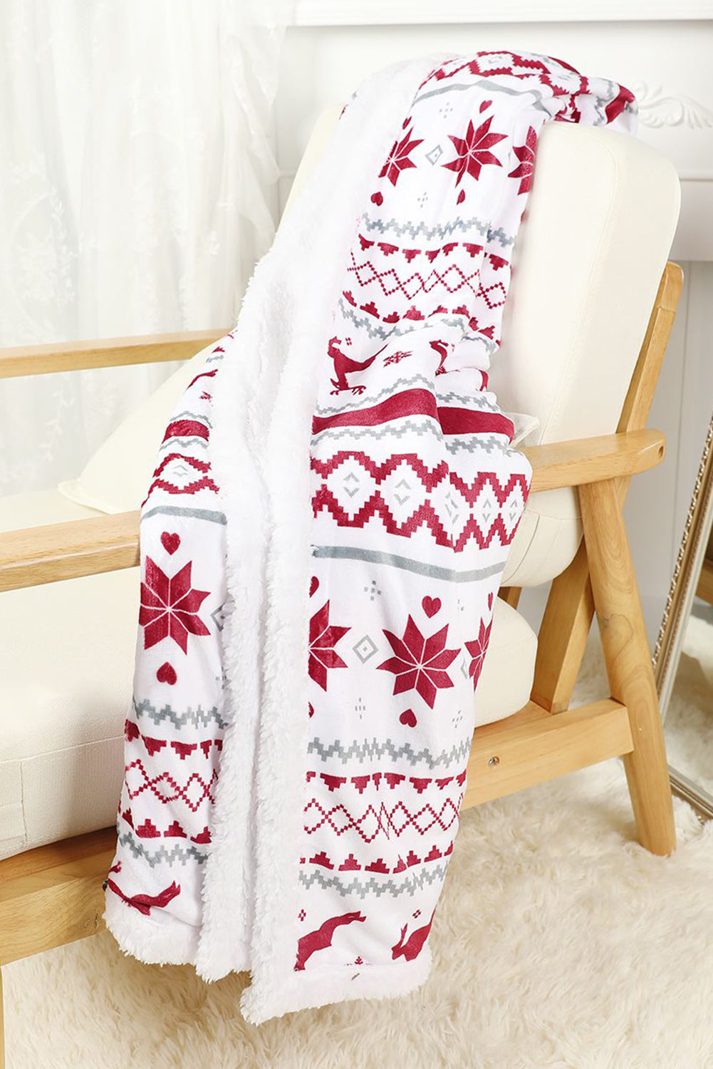 White Christmas Reindeer Snowflake Printed Sherpa Blanket Other Accessories JT's Designer Fashion