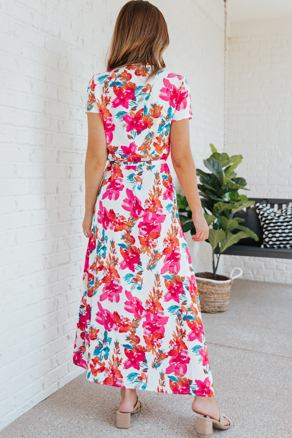 Rose Wrap V Neck Short Sleeve Floral Maxi Dress Floral Dresses JT's Designer Fashion