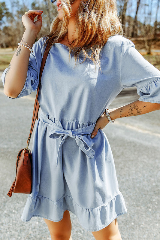 Sky Blue Ruffle Trim Half Sleeve Belted Denim Dress Mini Dresses JT's Designer Fashion