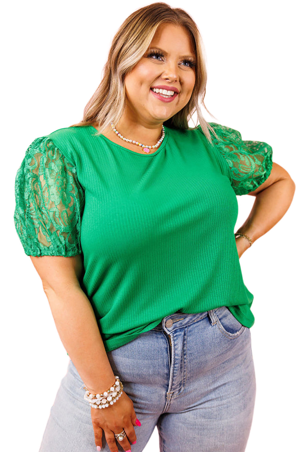 Green Ribbed Lace Patchwork Puff Sleeve Plus Size Blouse Plus Size Tops JT's Designer Fashion