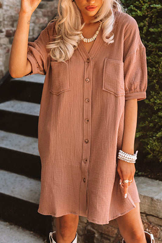 Brown Crinkle Textured Joint Bubble Sleeve Shirt Dress Mini Dresses JT's Designer Fashion