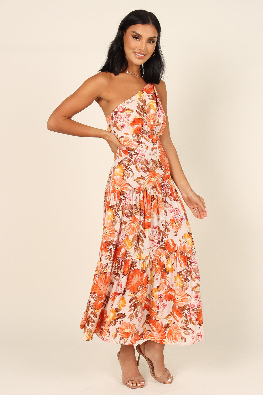 Orange Floral Print Pleated One Shoulder High Waist Maxi Dress Floral Dresses JT's Designer Fashion