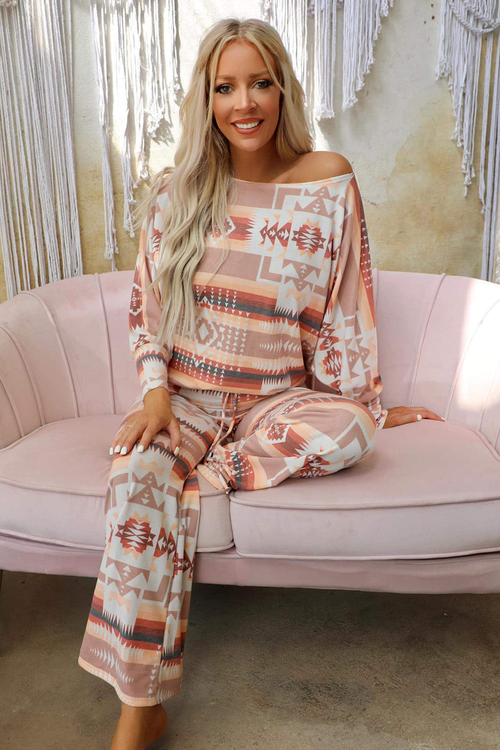 Multicolor Plus Size Aztec Print Flare Pants 2pcs Pajama Set Plus Size JT's Designer Fashion