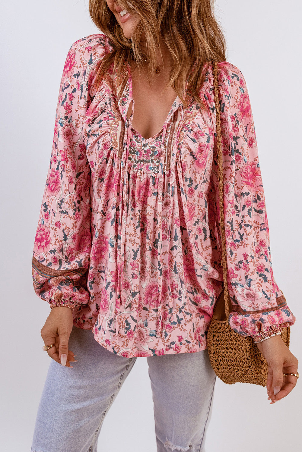 Pink Floral Print Drawstring Lace-up Babydoll Blouse Blouses & Shirts JT's Designer Fashion