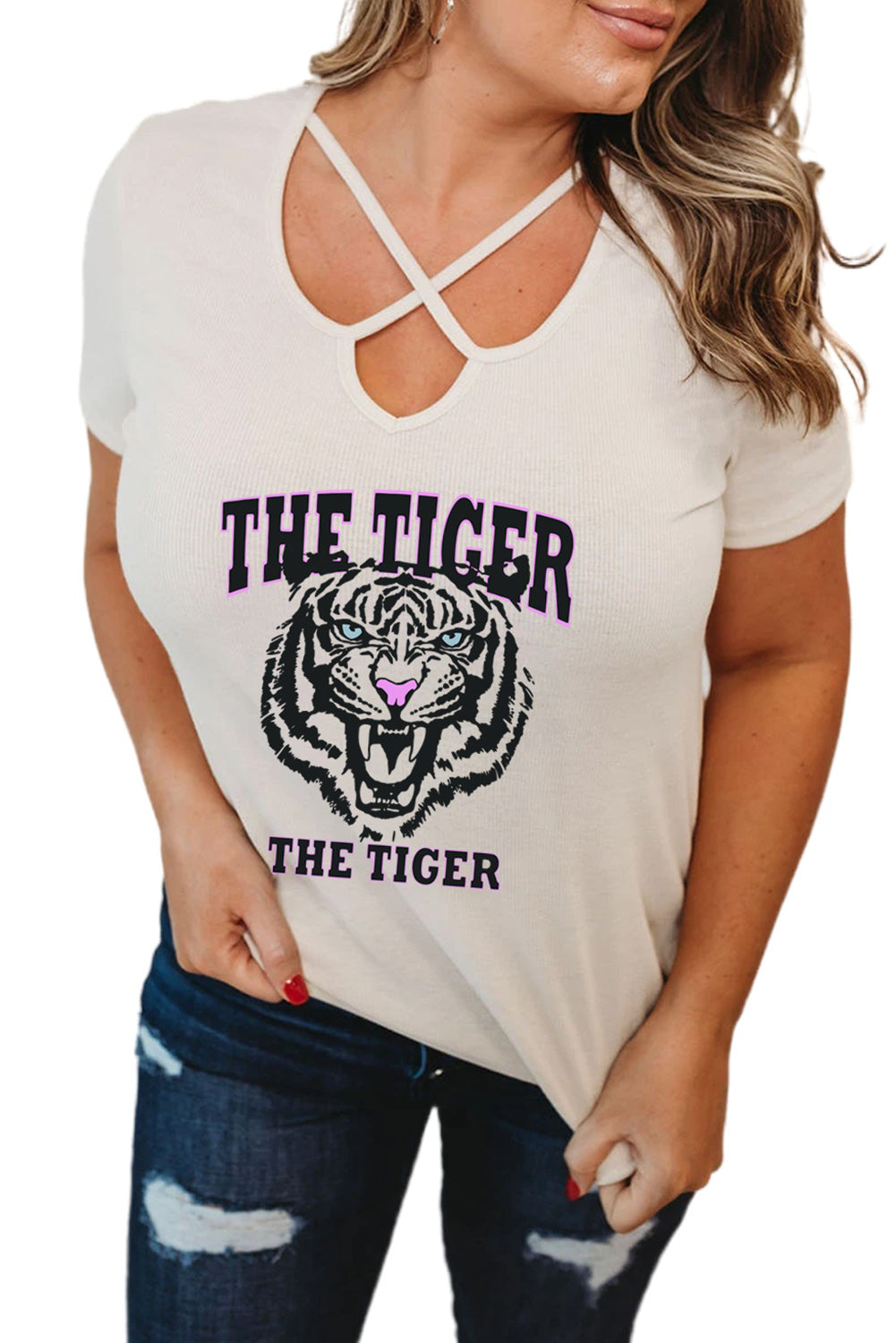 White White White The Tiger Animal Print Criss Cross Short Sleeve Plus Size Tee Graphic Tees JT's Designer Fashion