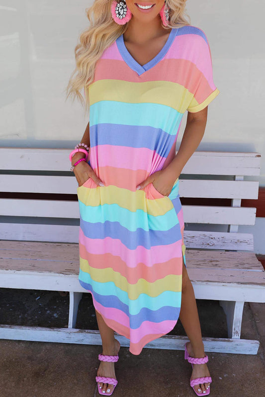 Multicolor Striped Side Split Pockets V Neck T Shirt Midi Dress T Shirt Dresses JT's Designer Fashion