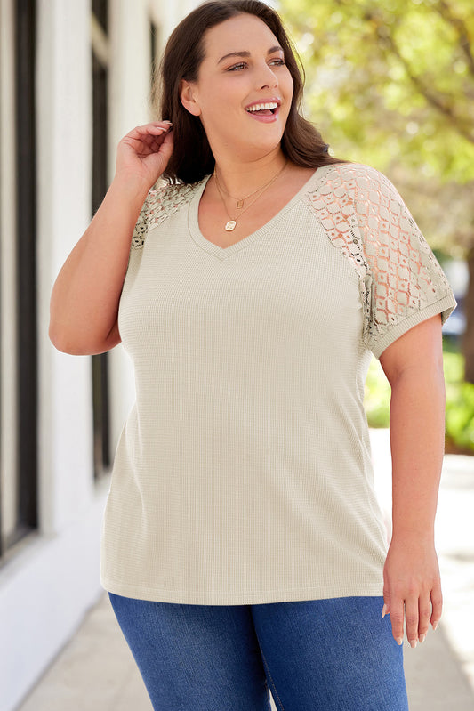 Apricot Lace Short Sleeve Plus Size Waffle Top Plus Size Tops JT's Designer Fashion