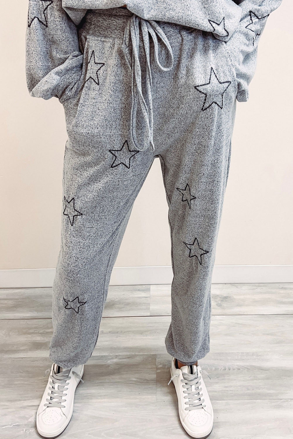 Gray Stars Print Long Sleeve Drawstring High Waist Lounge Set Bottoms JT's Designer Fashion