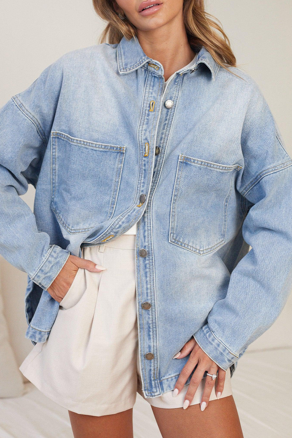 Sky Blue Double Chest Pocket Buttoned Denim Jacket Denim jackets JT's Designer Fashion