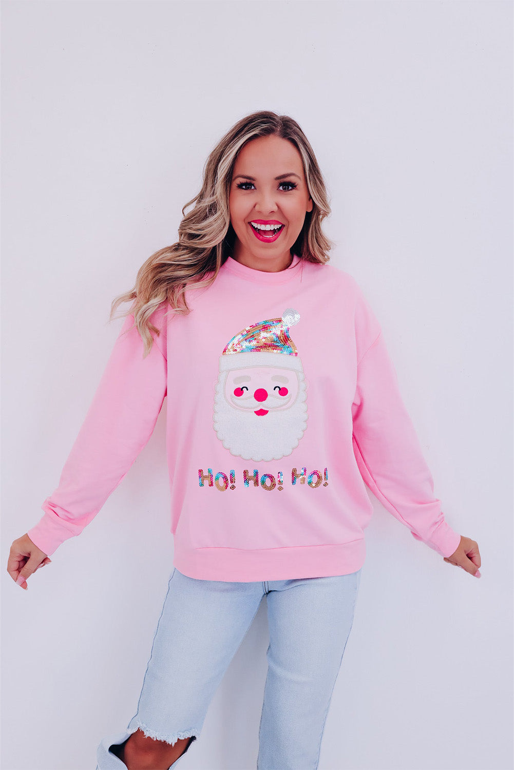 Pink HO HO HO Sequined Santa Claus Sweatshirt Graphic Sweatshirts JT's Designer Fashion