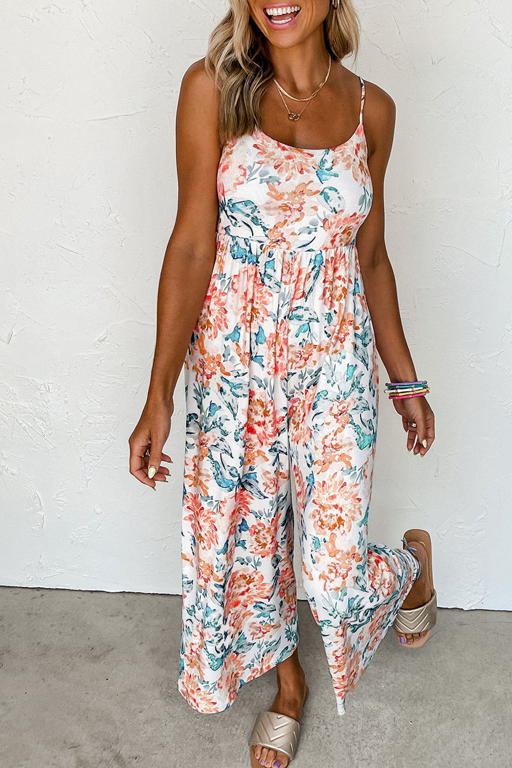 Orange Floral Spaghetti Straps Wide Leg Jumpsuit Jumpsuits & Rompers JT's Designer Fashion