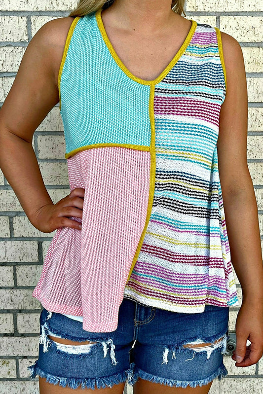 Multicolor Seamed Patchwork V Neck Plus Size Sleeveless Top Plus Size JT's Designer Fashion