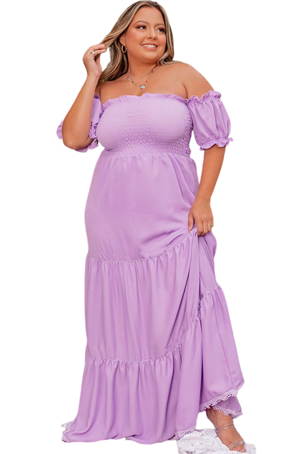 Purple Ruffled Smocked Off Shoulder Plus Size Evening Dress Plus Size JT's Designer Fashion