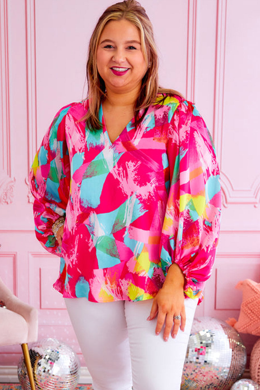 Pink Plus Size Graffiti Print Split Neck Puff Sleeve Blouse Plus Size JT's Designer Fashion