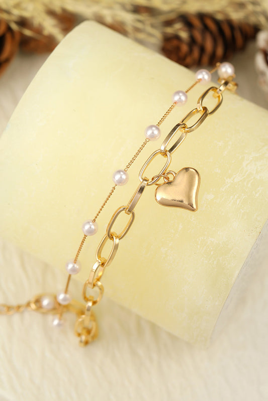 Gold LOVE Heart Pearl Double Layer Bracelet Jewelry JT's Designer Fashion