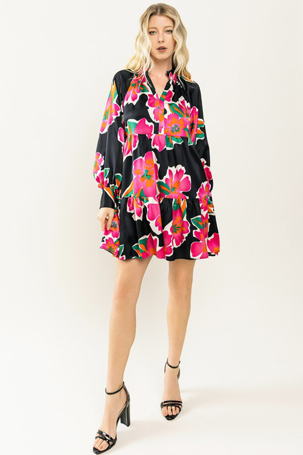 Multicolour Frill Collar Split Neck Long Sleeve Floral Dress Floral Dresses JT's Designer Fashion