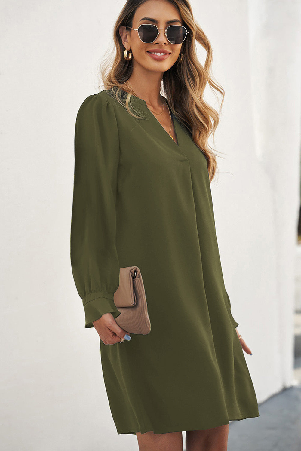 Green Split V Neck Ruffled Sleeves Shirt Dress Mini Dresses JT's Designer Fashion