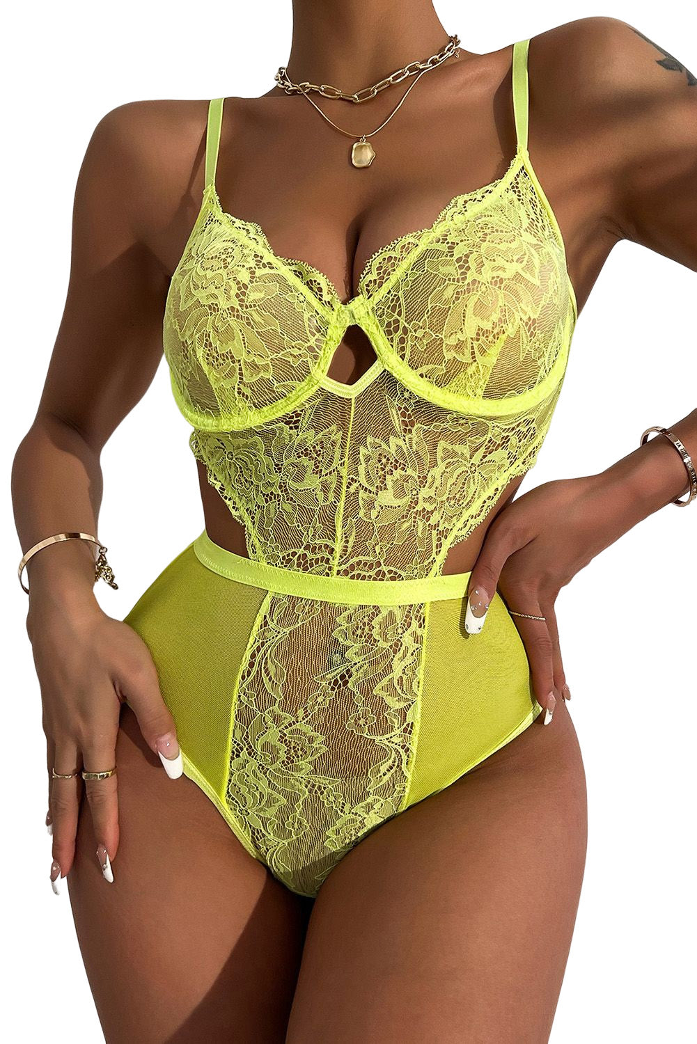 Green Floral Lace Cutout High Waist Teddy Lingerie Teddy Lingerie JT's Designer Fashion