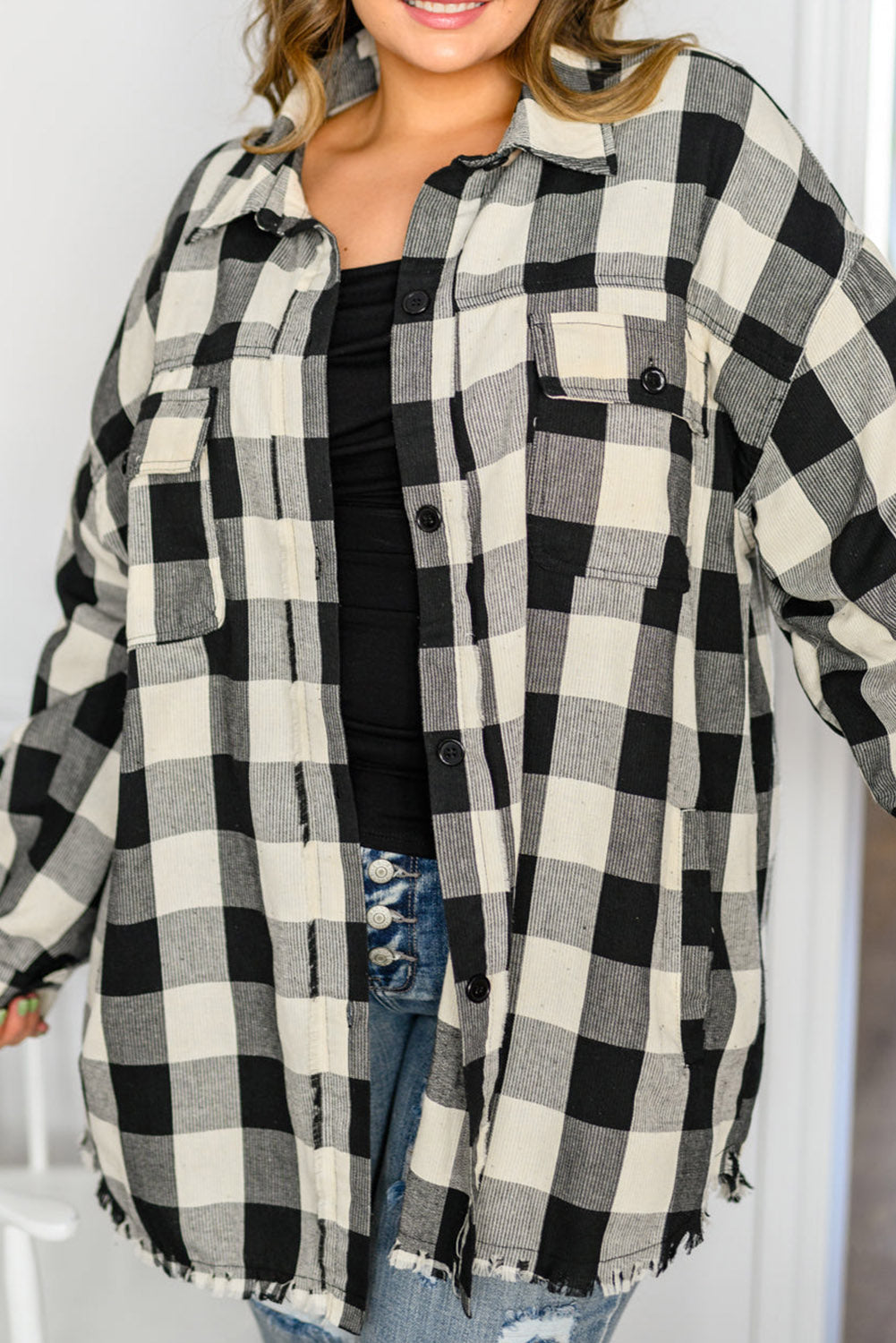 Black Plaid Elbow Patch Raw Hem Plus Size Shacket Plus Size JT's Designer Fashion