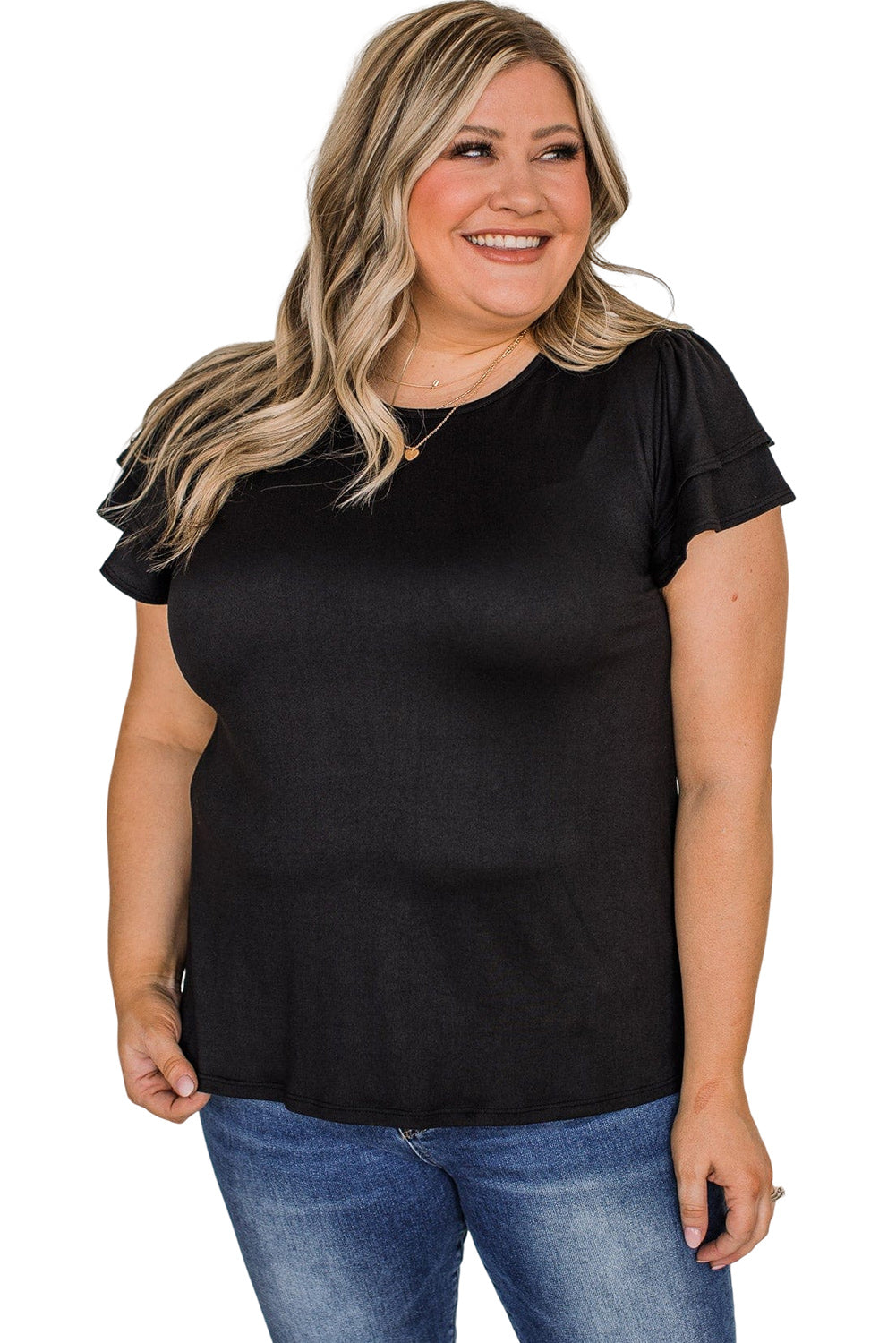 Black Plus Size Solid Color Ruffled Short Sleeve Top Plus Size Tops JT's Designer Fashion