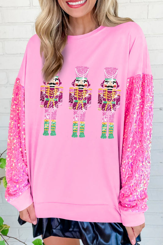 Pink Christmas Nutcracker Graphic Sequin Sleeve Sweatshirt Pink 65%Polyester+35%Cotton Graphic Sweatshirts JT's Designer Fashion