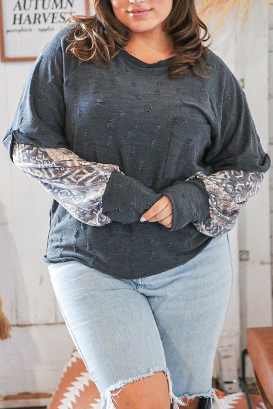 Gray Plus Size Ethnic Splicing Thumbhole Sleeve Distressed Top Plus Size JT's Designer Fashion