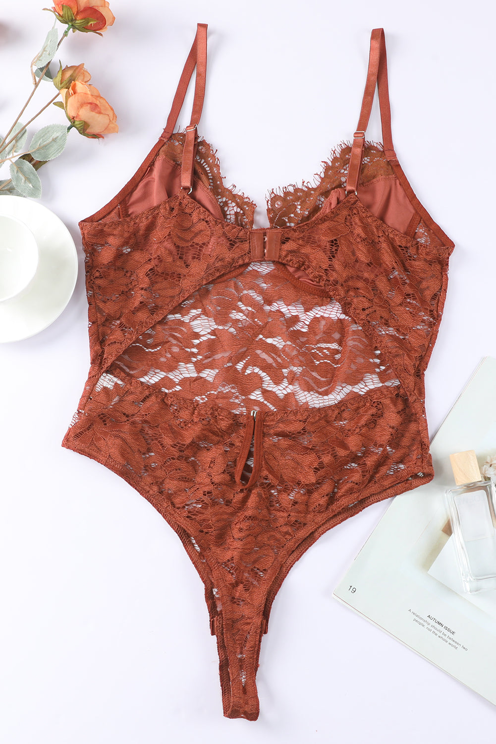 Brown Floral Lace Spaghetti Straps Cut out Back Bodysuit Bodysuits JT's Designer Fashion