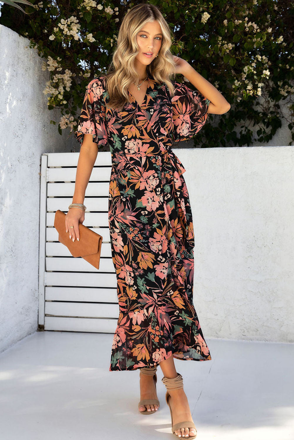 Black Floral Print Knotted Wrapped V Neck Maxi Dress Floral Dresses JT's Designer Fashion