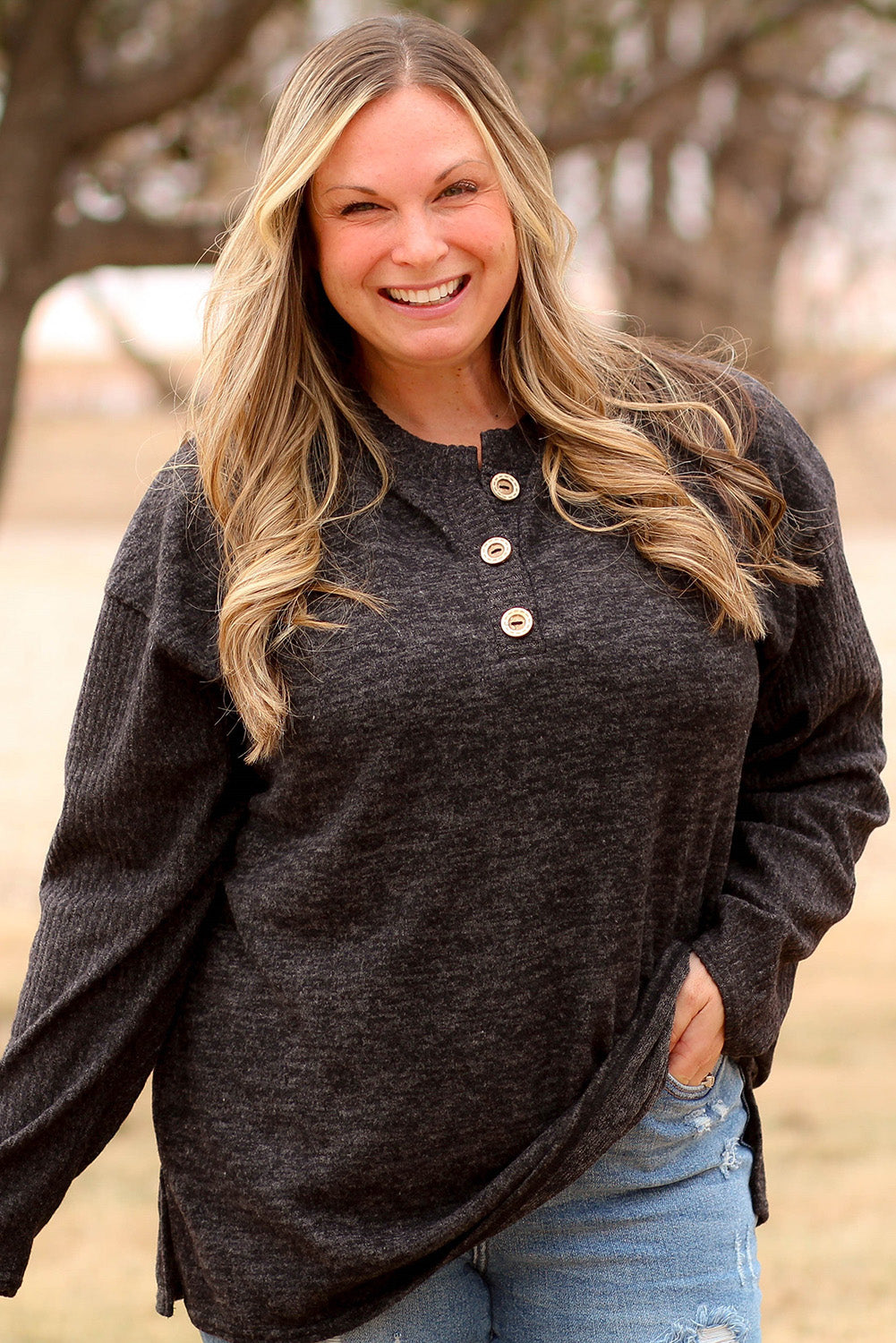 Black Ribbed Long Sleeve Plus Size Henley Top Plus Size JT's Designer Fashion