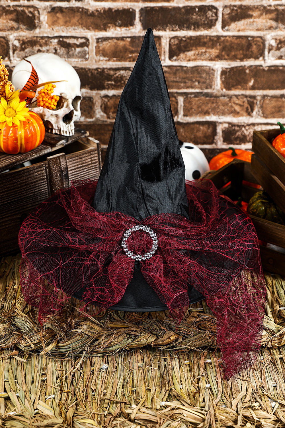 Ruby Mesh Decor Pointed Halloween Witch Hat Hats & Caps JT's Designer Fashion