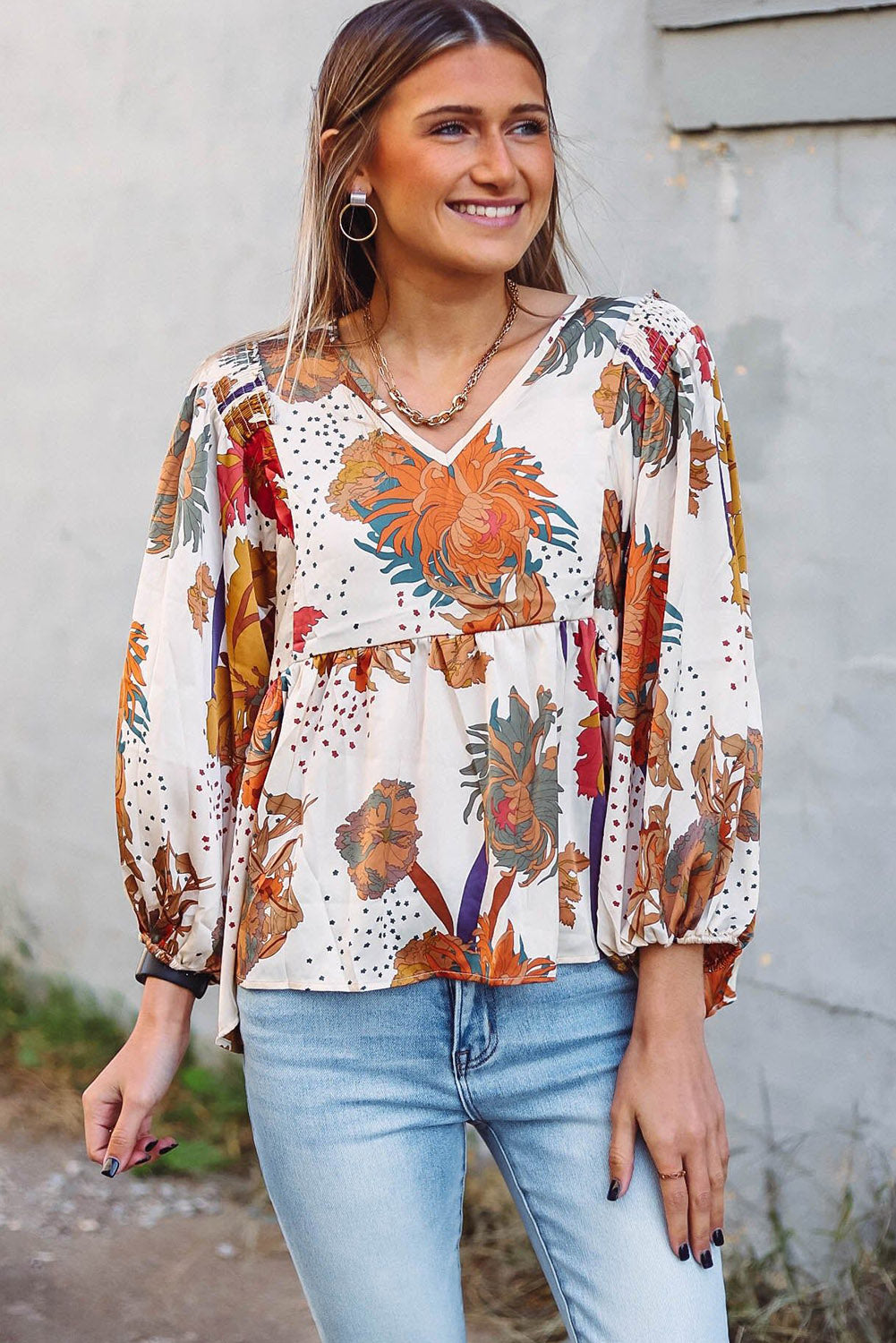 Multicolour Fall Floral Print V Neck Long Sleeve Babydoll Blouse Tops & Tees JT's Designer Fashion