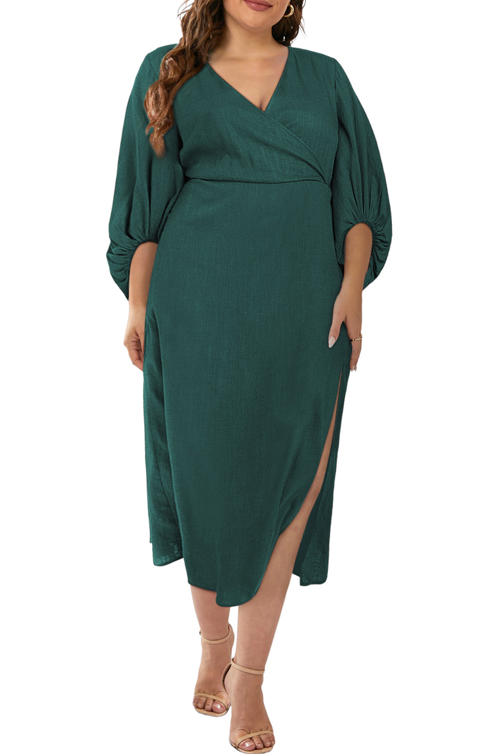 Green Plus Size Surplice Bracelet Sleeve Midi Dress with Slit Plus Size JT's Designer Fashion