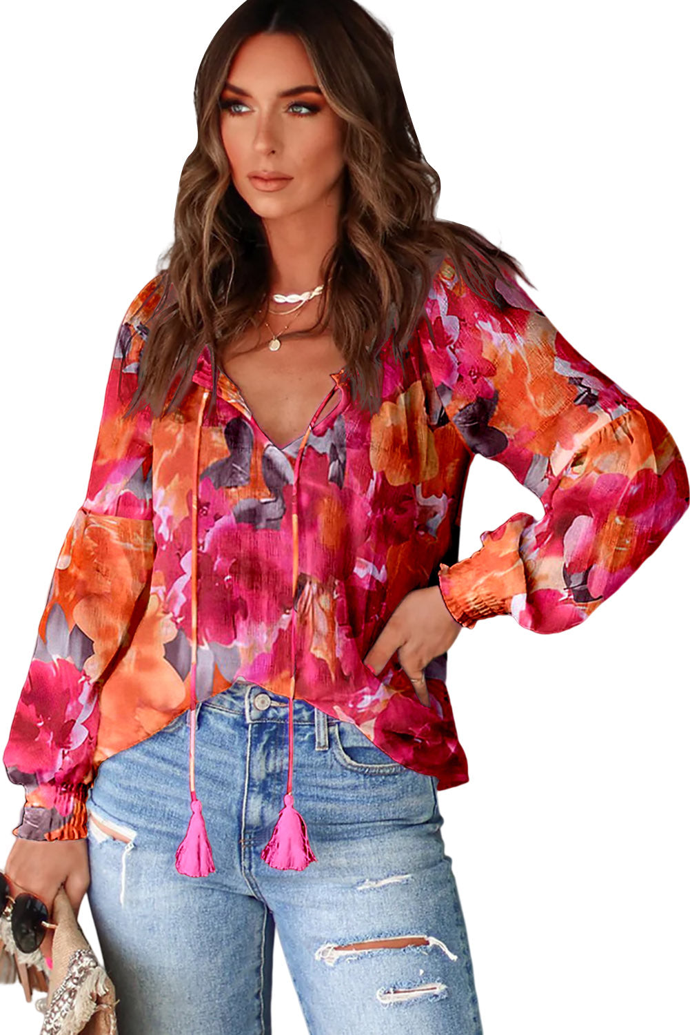 Red Floral Tassel Tie Long Sleeve Blouse Tops & Tees JT's Designer Fashion