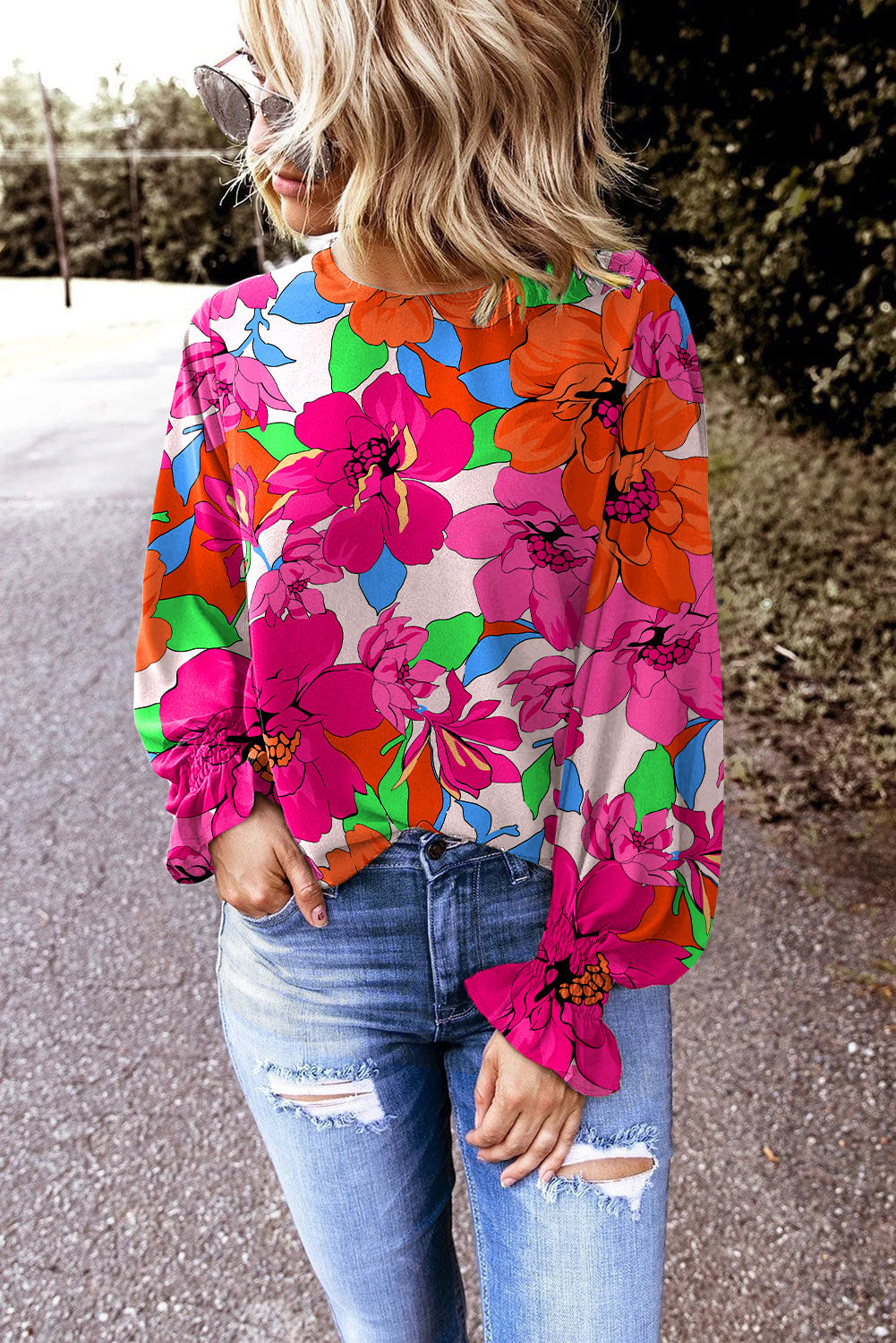 Red Floral Keyhole Back Ruffle Puff Sleeve Blouse Tops & Tees JT's Designer Fashion