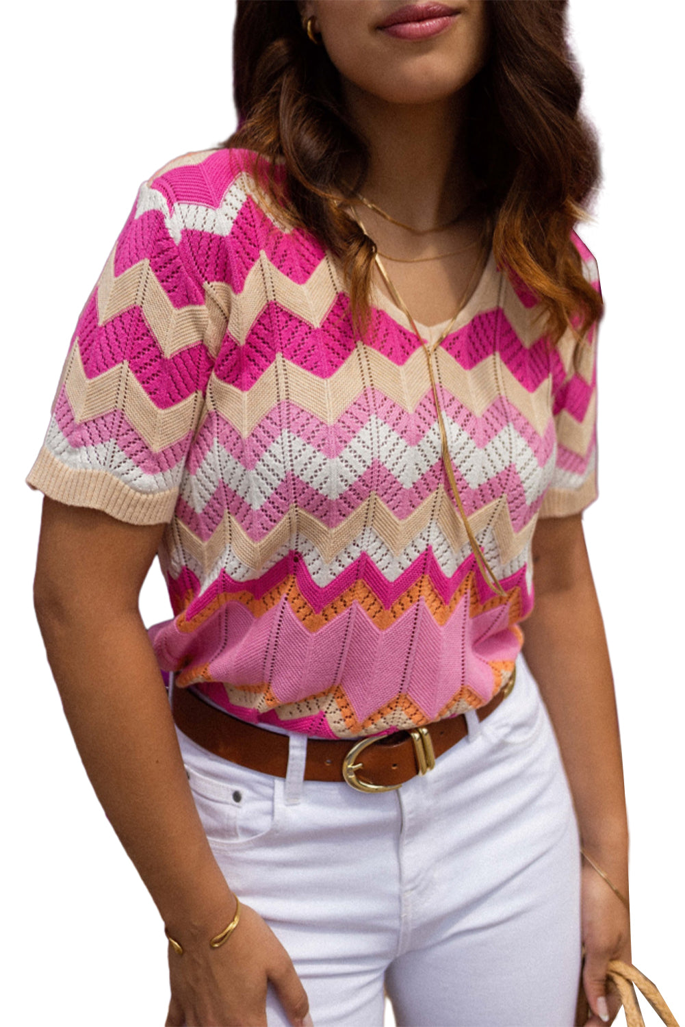 Pink Stripe Chevron Pointelle Knit V Neck Short Sleeve Sweater Pre Order Sweaters & Cardigans JT's Designer Fashion