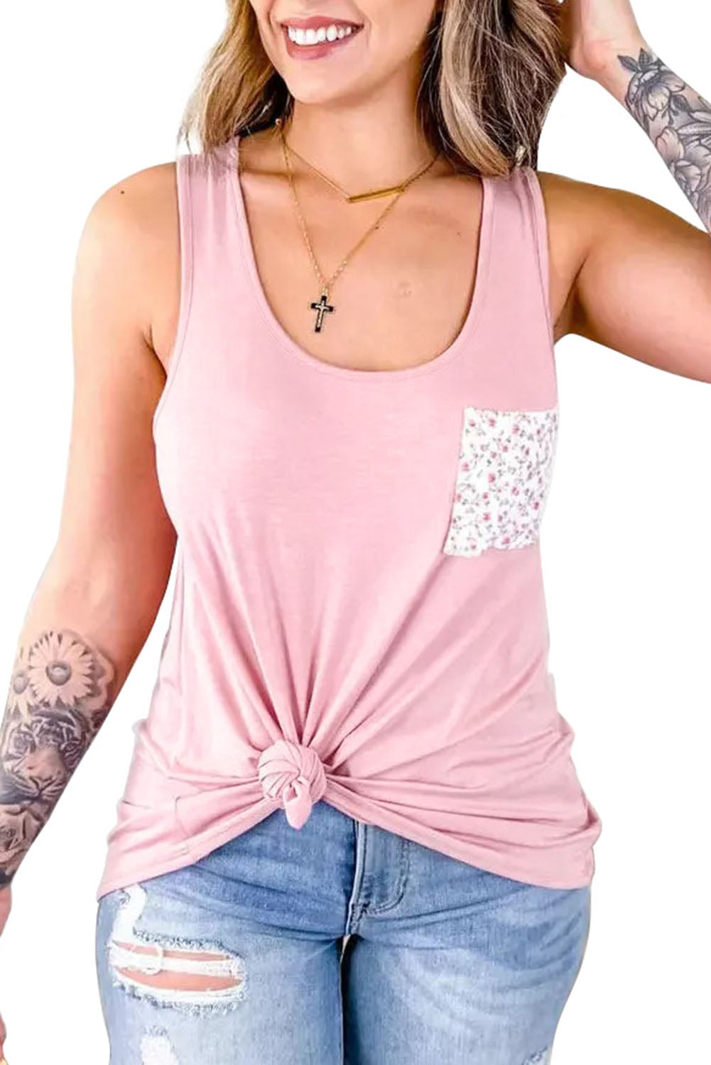 Pink Floral Patch Pocket Tank Top Tank Tops JT's Designer Fashion