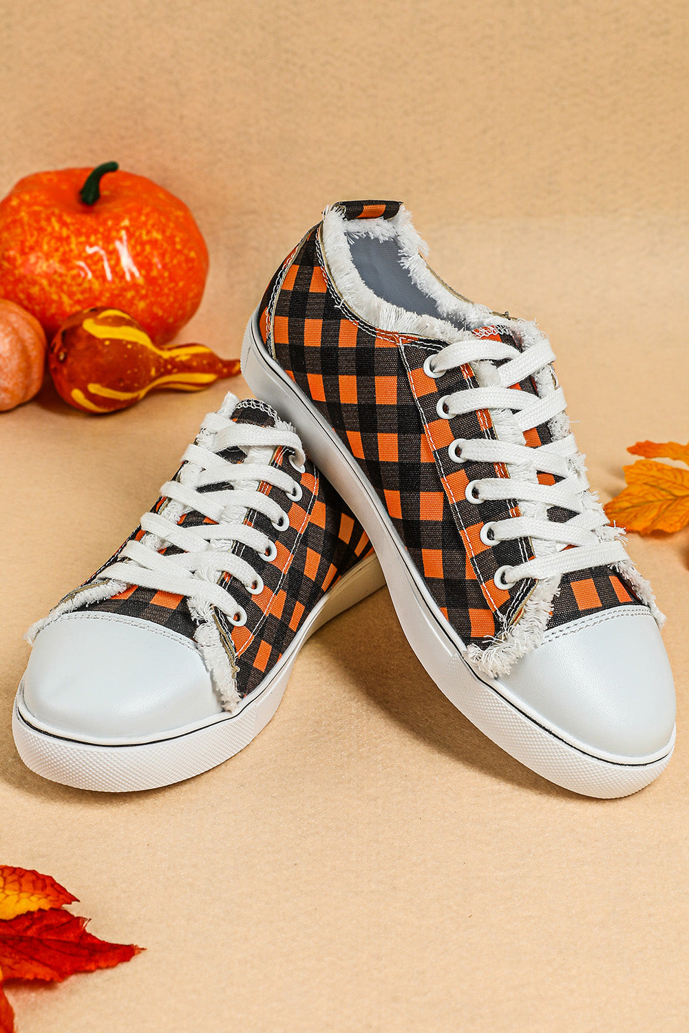 Orange Plaid Frayed Trim Lace-up Shoes Women's Shoes JT's Designer Fashion