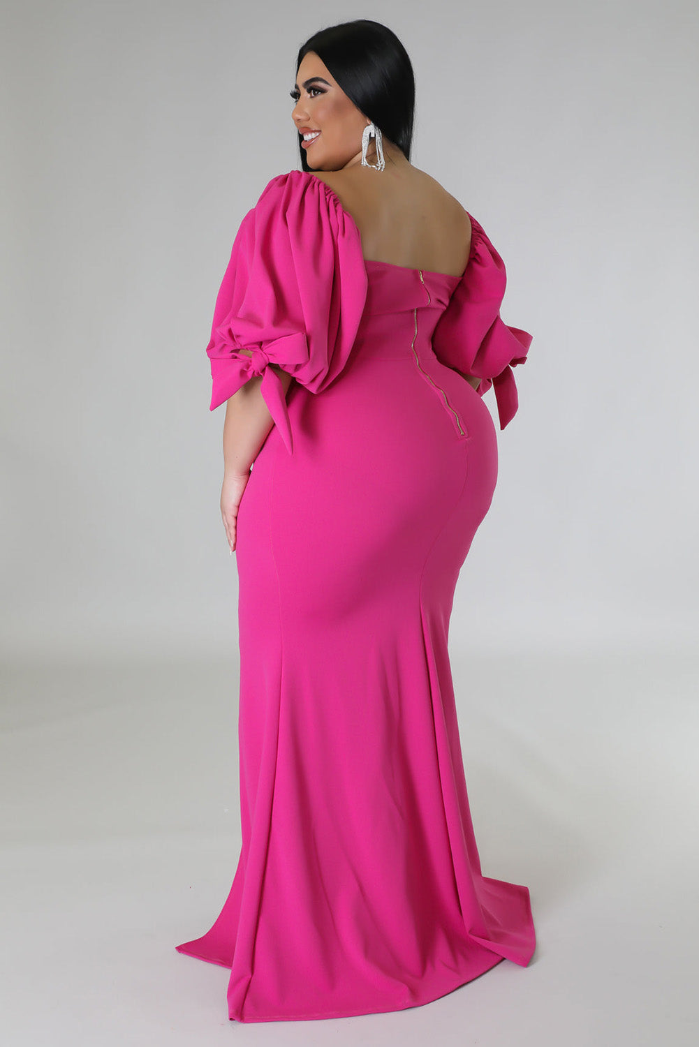 Rose Bow Tie Puff Sleeve Plus Size High Slit Maxi Dress Plus Size JT's Designer Fashion