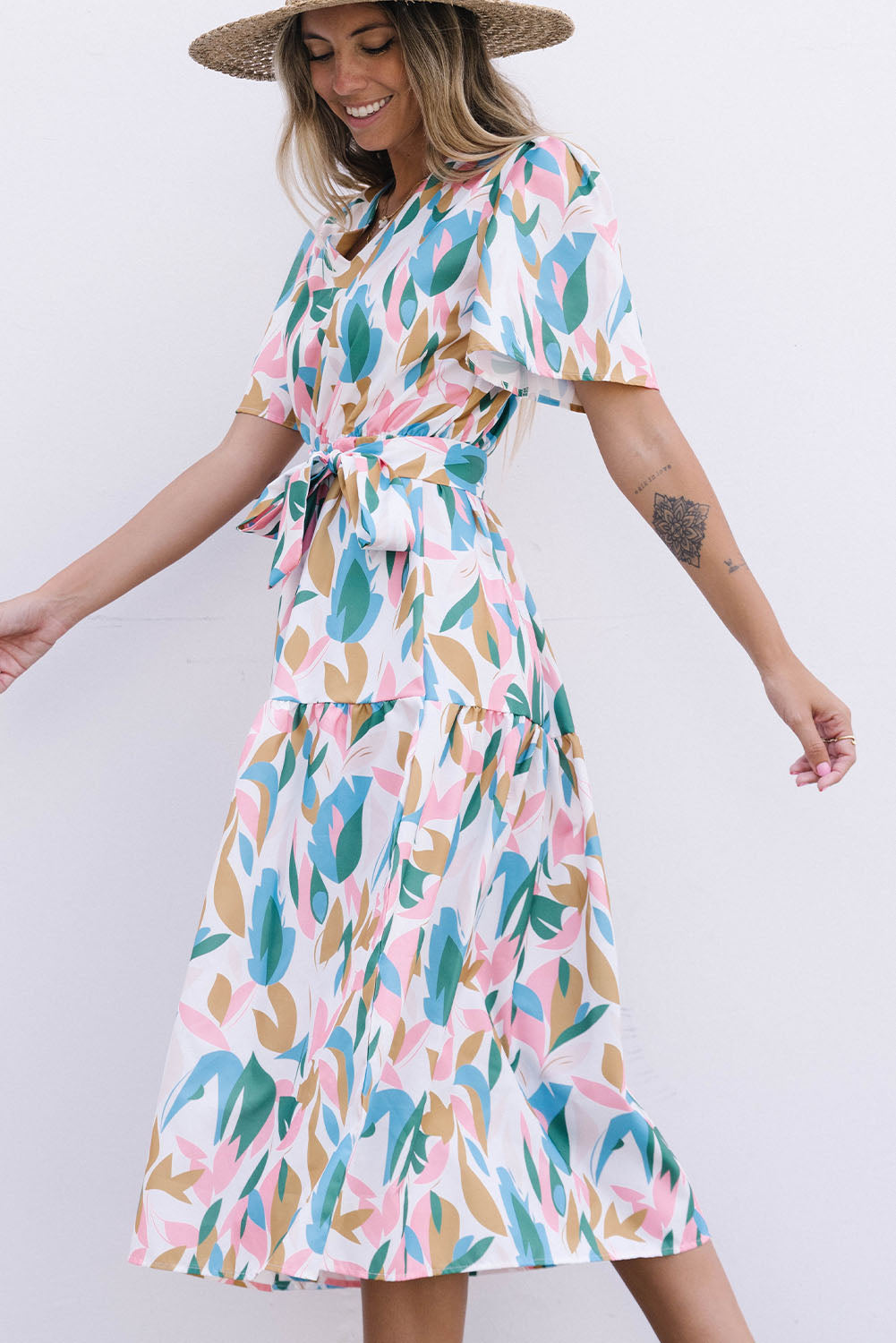 Multicolor V Neck Short Sleeves Boho Tropical Print Long Dress Floral Dresses JT's Designer Fashion