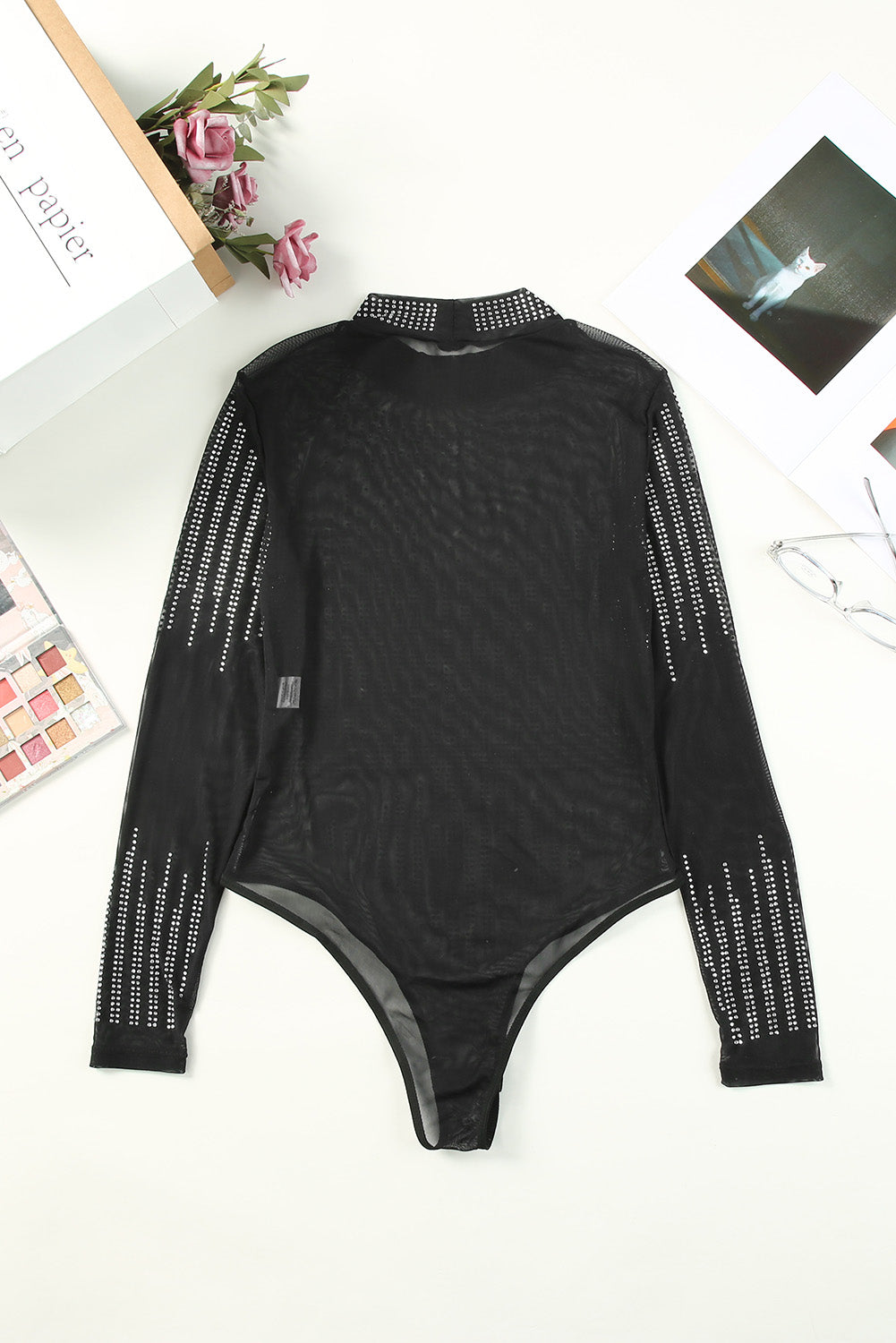 Black Rhinestone Sheer Mesh Long Sleeve Bodysuit Bodysuits JT's Designer Fashion