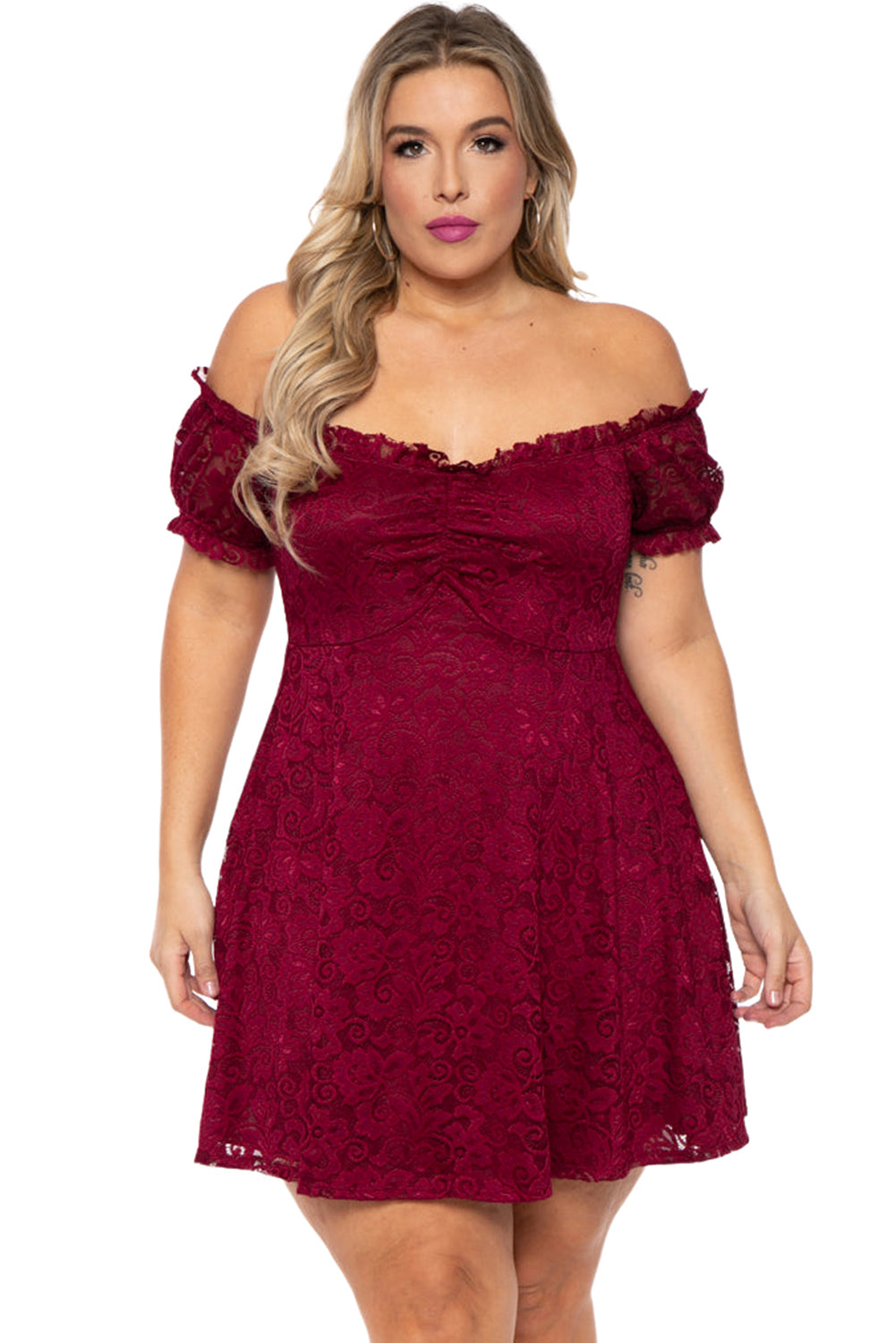 Red Lace Frill Bubble Sleeve Off Shoulder Plus Size Dress Plus Size Dresses JT's Designer Fashion