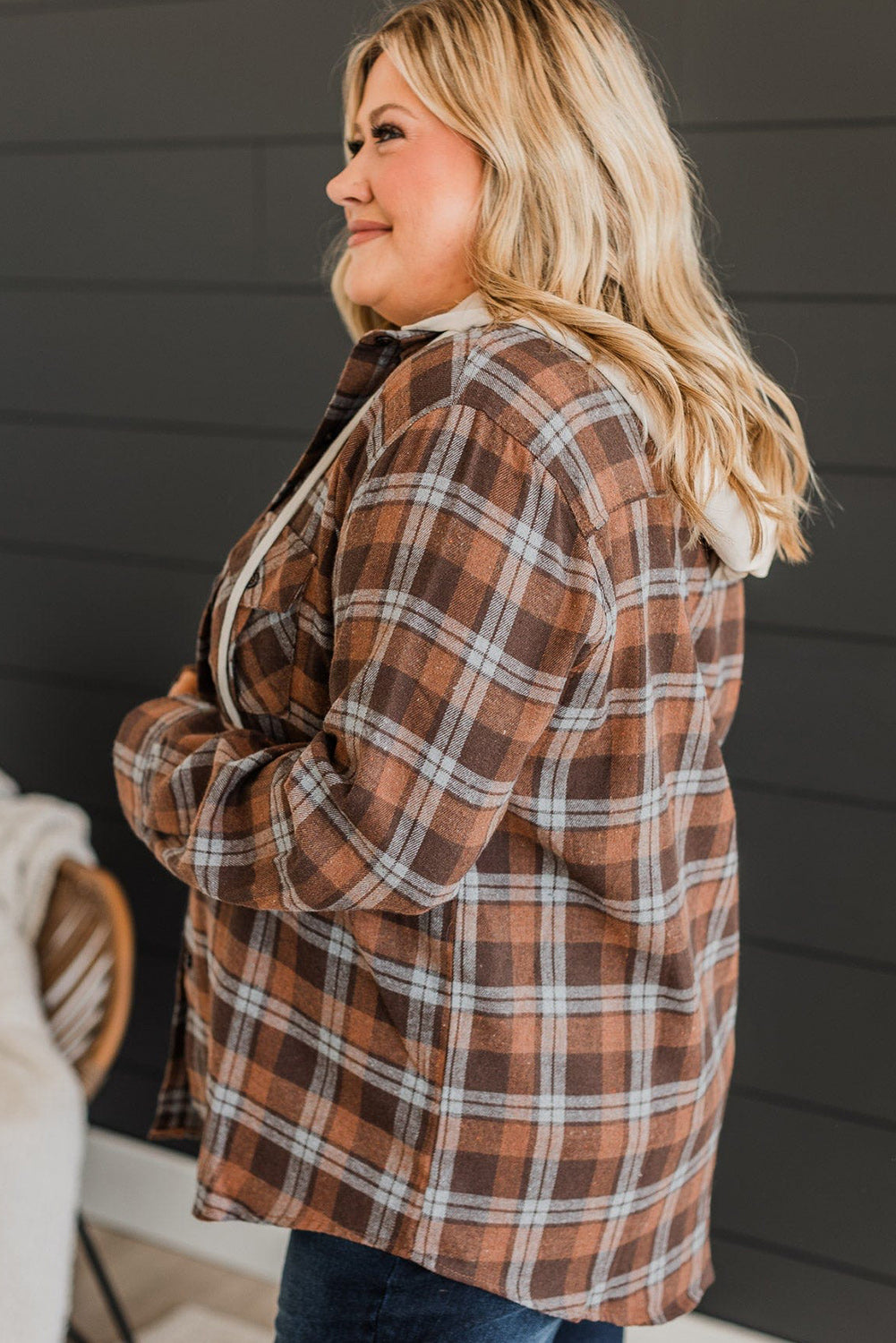 Brown Plus Size Plaid Contrast Hooded Shirt Plus Size JT's Designer Fashion