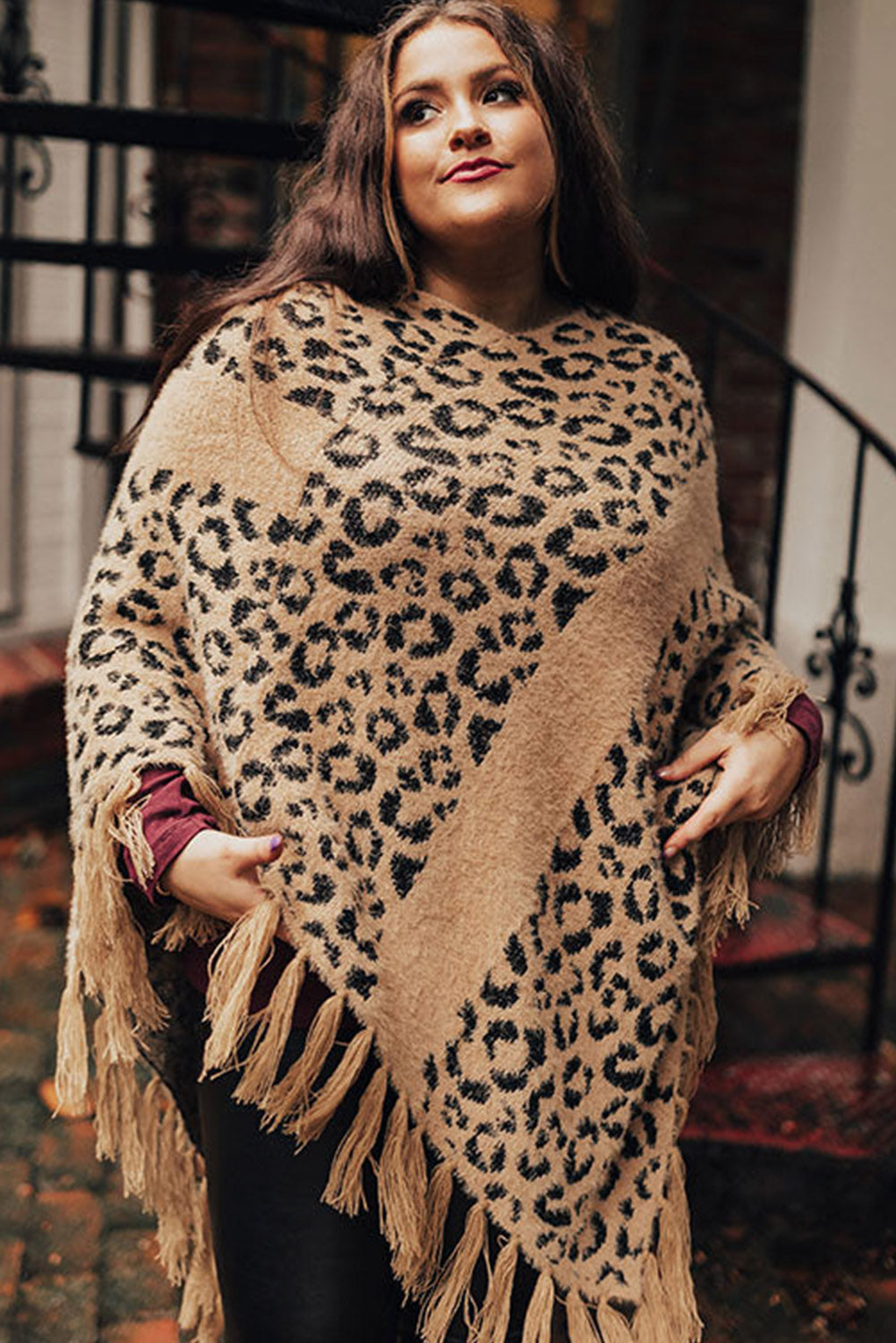 Leopard Fringed Trim Plus Size Cape Plus Size JT's Designer Fashion