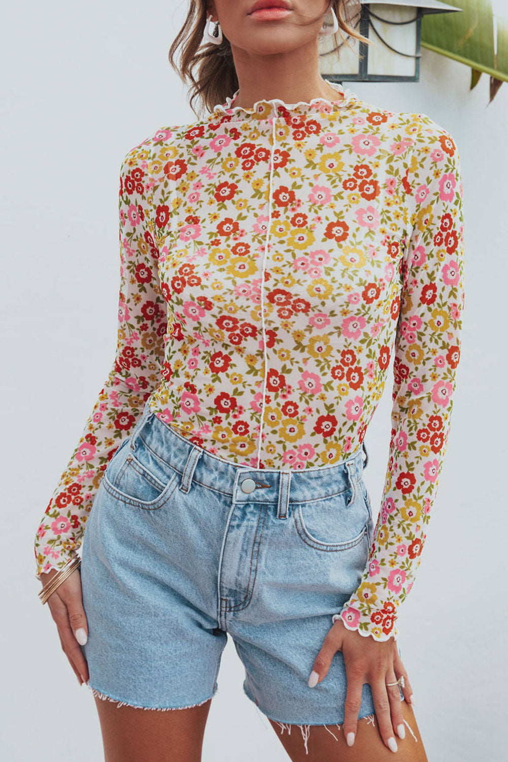 Multicolor Floral Lettuce Hem Long Sleeve Crop Top Tops & Tees JT's Designer Fashion