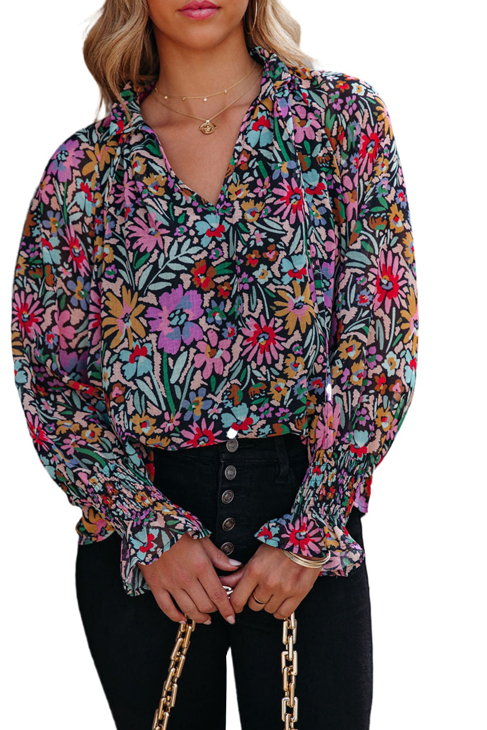 Multicolor Floral Long Sleeve V-Neck Blouse Tops & Tees JT's Designer Fashion